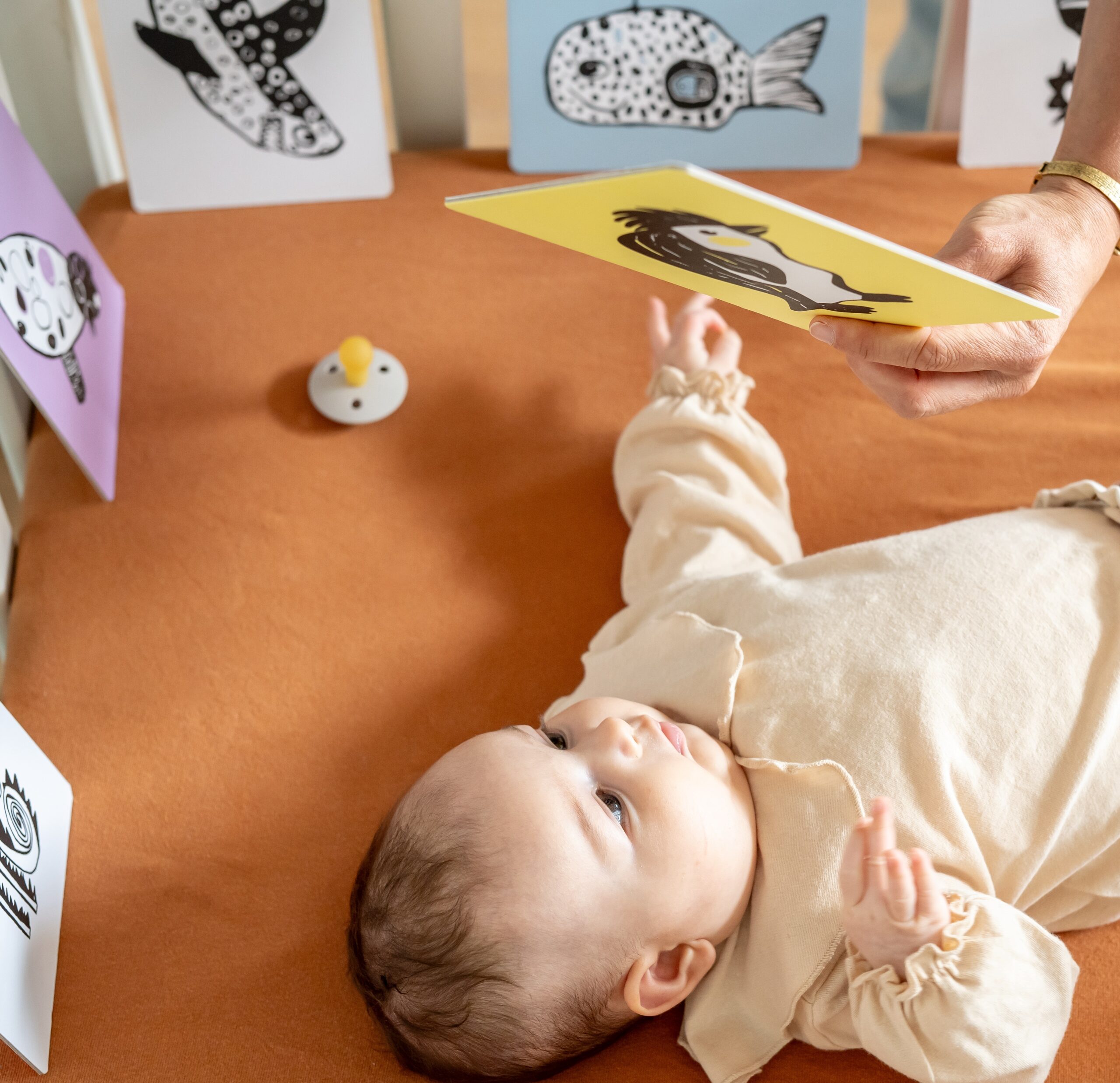 Baby kijkt gefascineerd naar een zwart wit afbeelding van een Mini Coco Flashcard